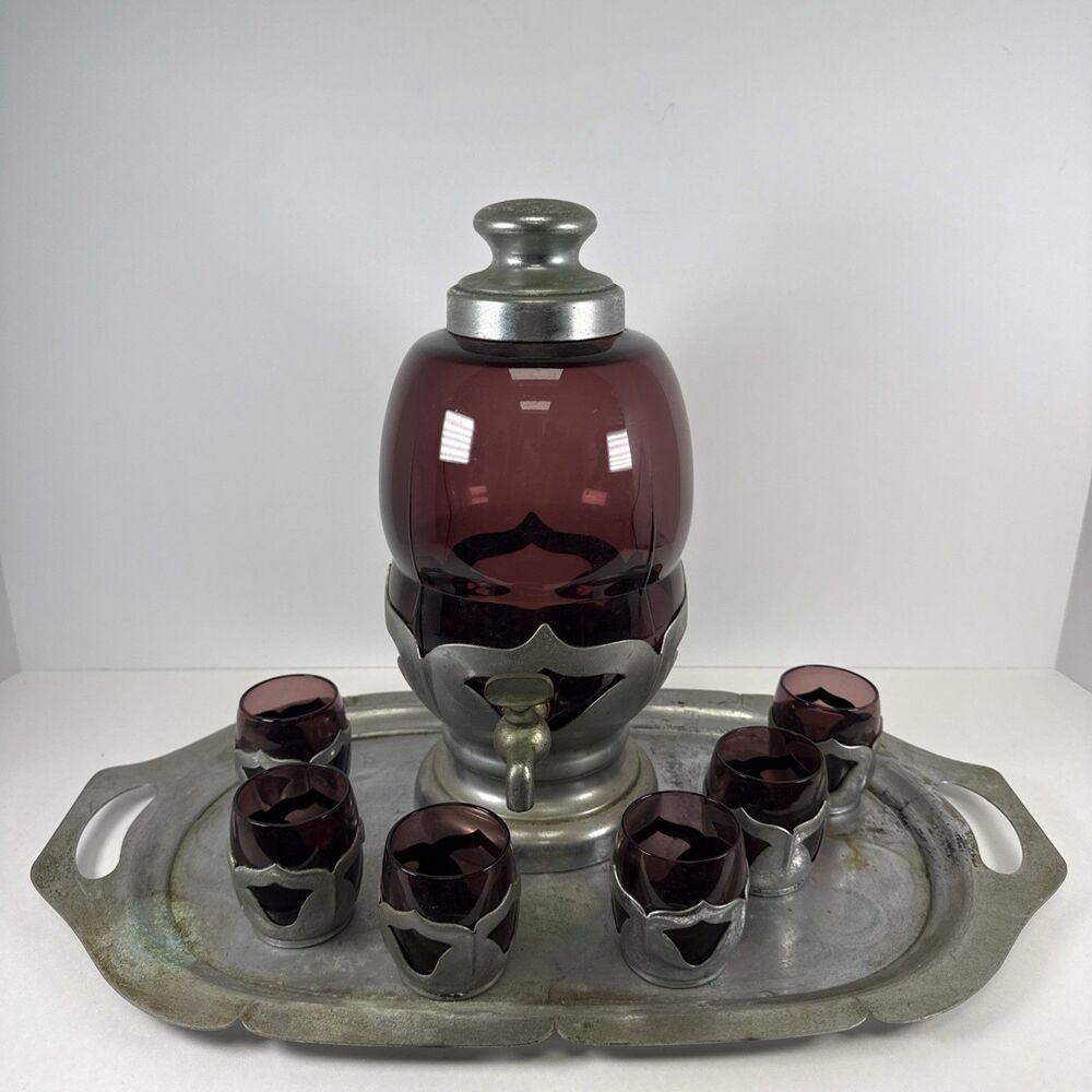 Art Deco Farber Bros Amethyst Krome Kraft Cordial Dispenser & Glasses - 7 Pieces